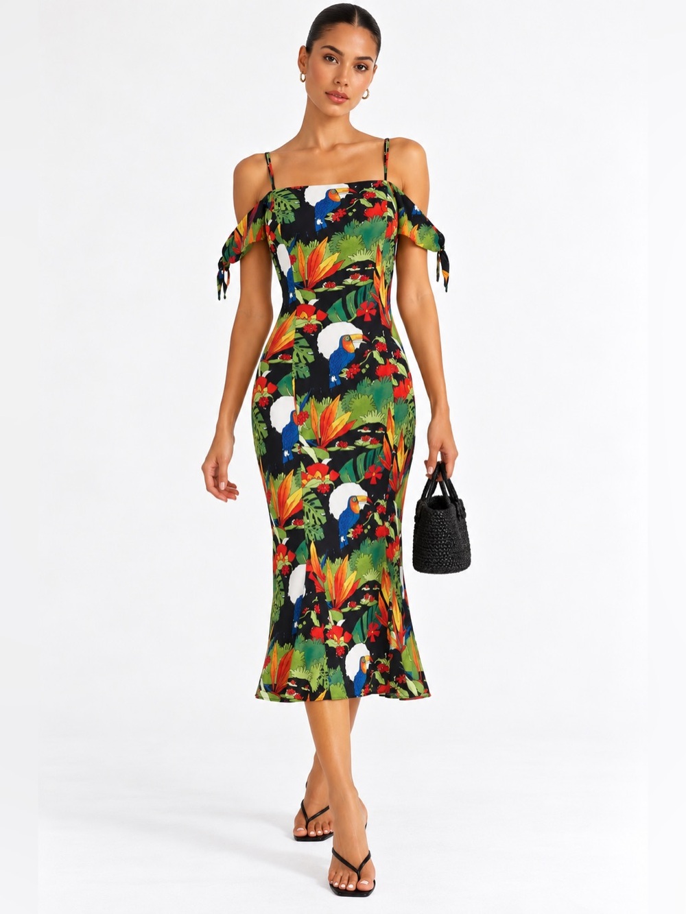 BAILEY 44 Tropical Toucan Print Tie-Shoulder Midi Dress - Black Multicolor